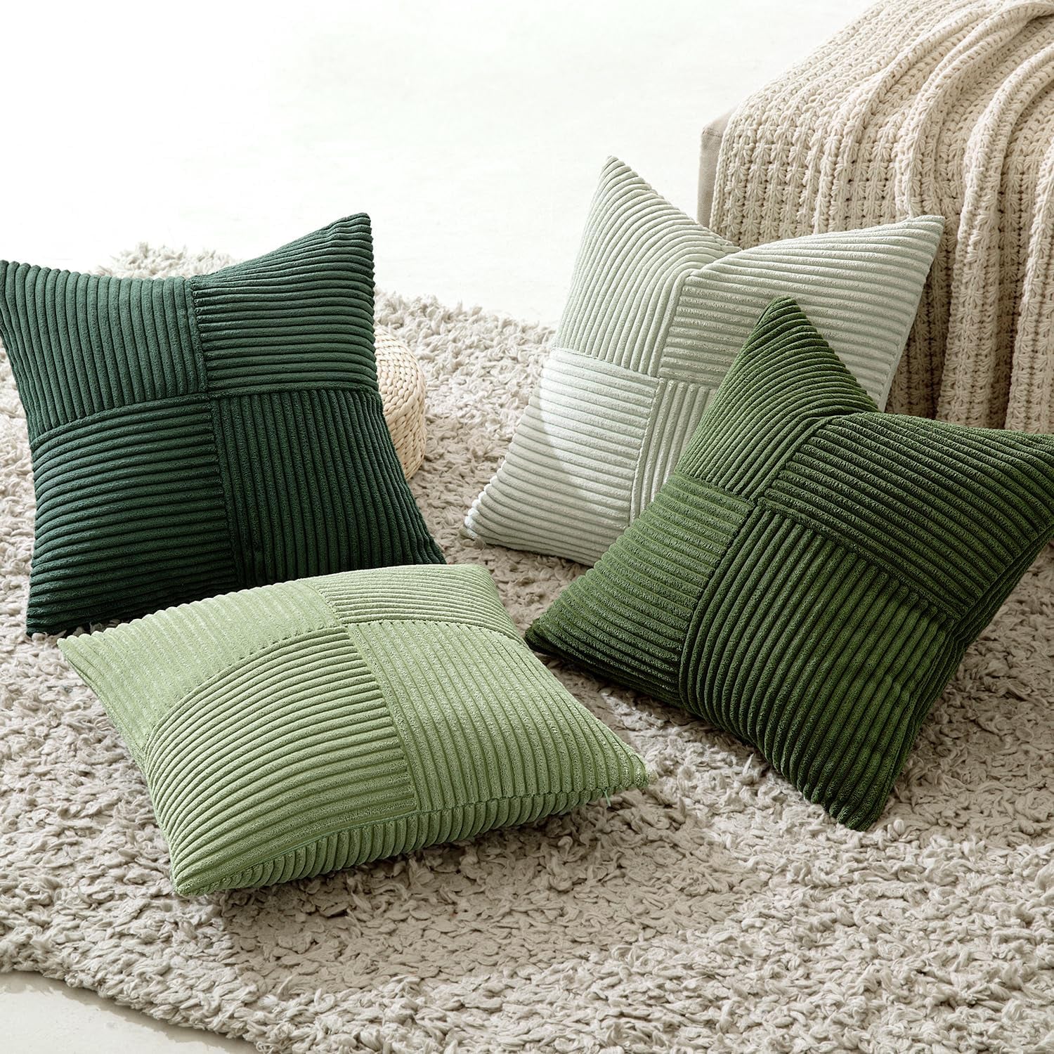 Christmas Green Decorative Throw Pillow Covers 18X18 Inch Set of 4 Boho Farmhouse Cushion Covers Mordern Nordic Pillow Cases Soft Corduroy Gradient Home Decor for Couch Sofa Living Room Bed