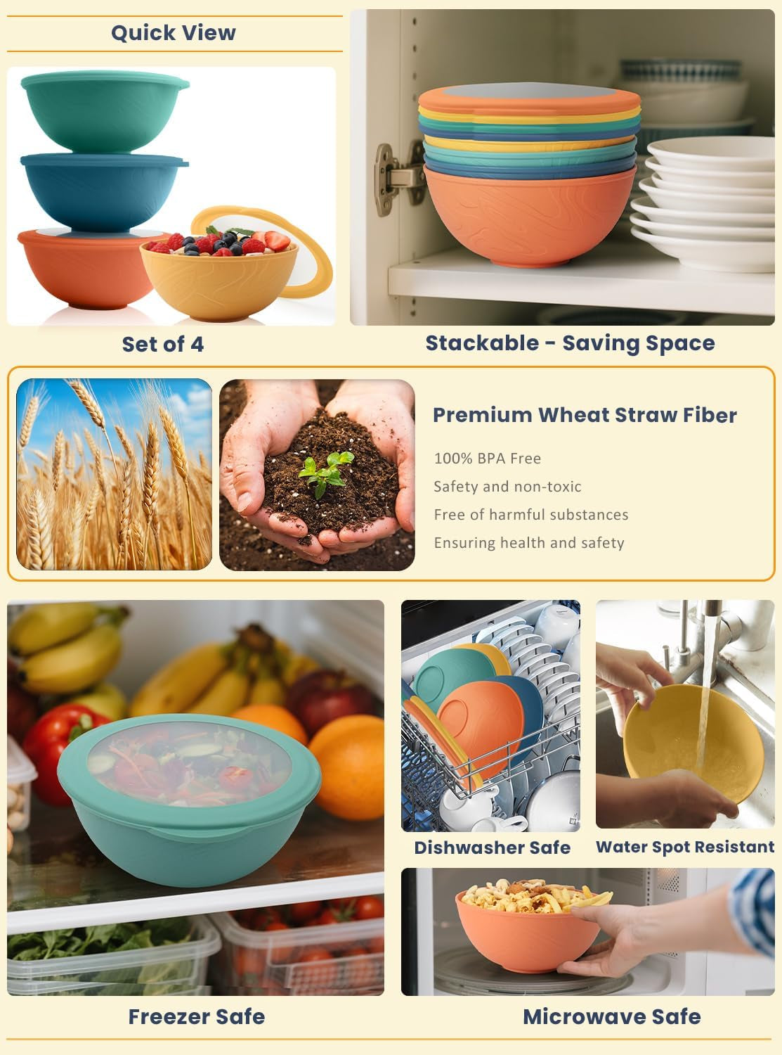 Eco-Friendly Wheat Straw Cereal Bowls with Lids, 40 OZ - Set of 4, Microwave and Dishwasher Safe, Perfect for Lunch, Kitchen, RV, and Camping