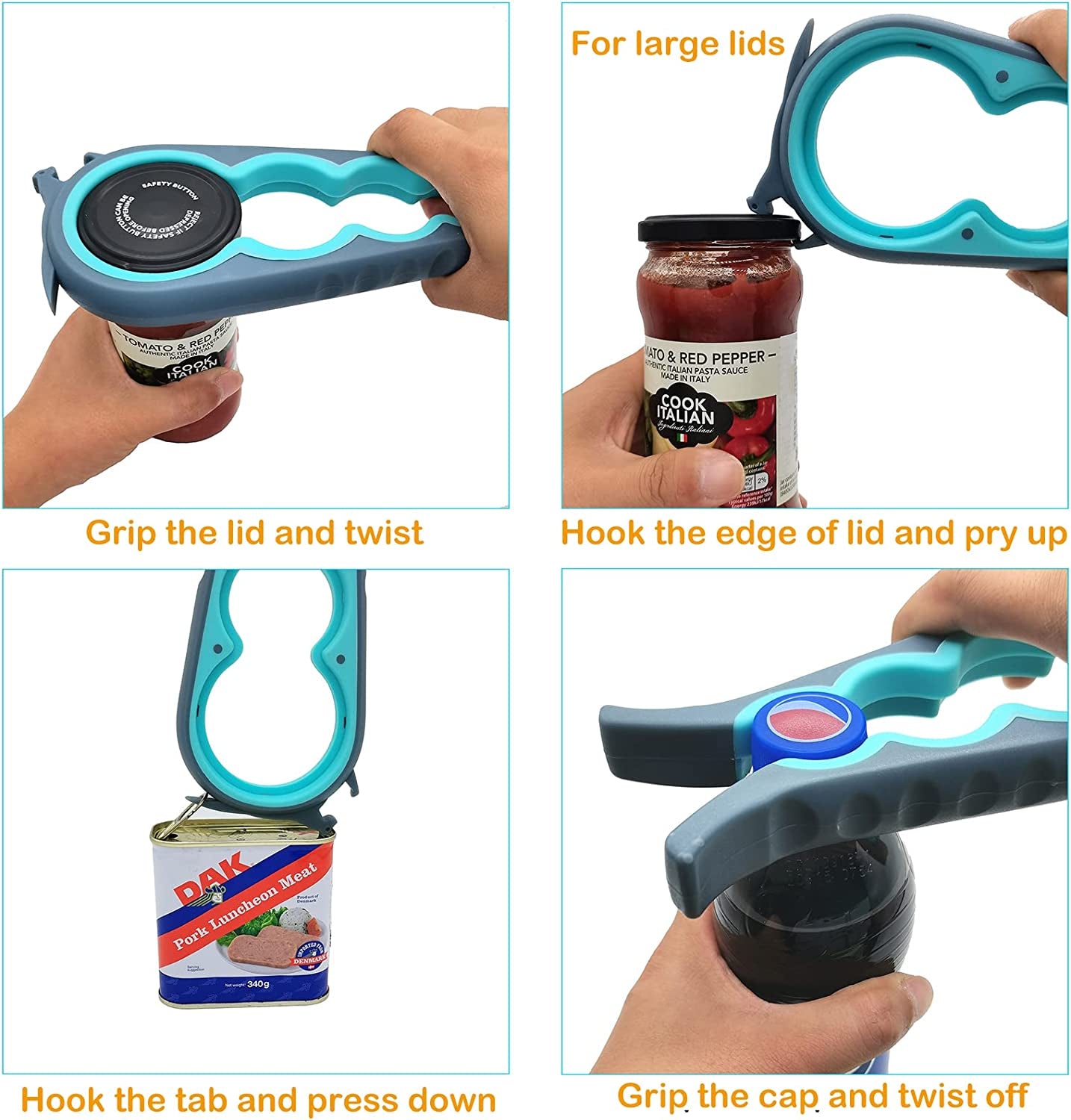 Ergonomic Jar, Bottle, and Can Opener with Rubber Gripper Pad and Corkscrew for Enhanced Accessibility for Seniors and Individuals with Limited Hand Strength