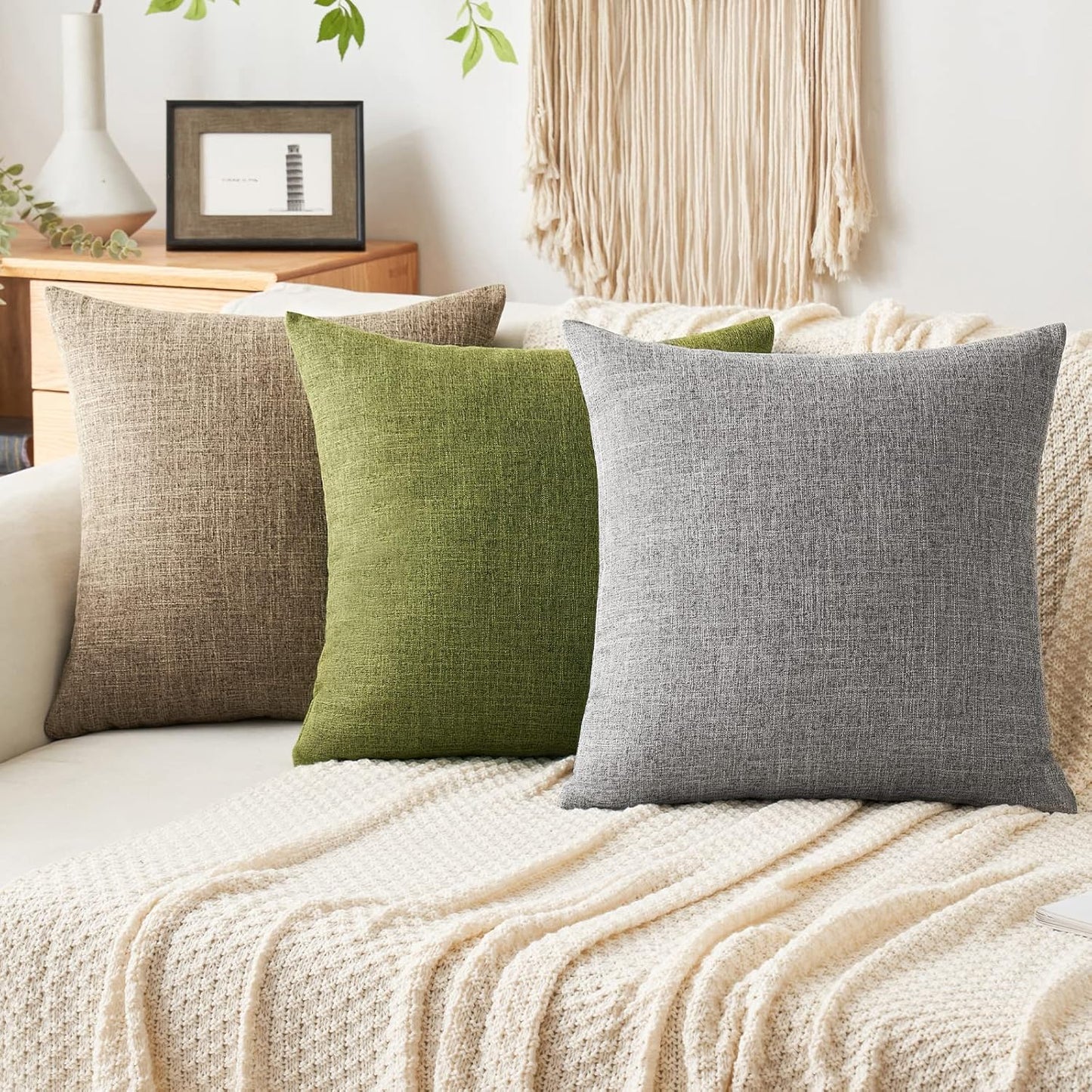 Set of 2 Decorative Linen Burlap Pillow Covers - Farmhouse Boho Accent Pillowcases for Sofa, Car, Couch, Bedroom, and Living Room Decor - 16x16 Inches, Brown