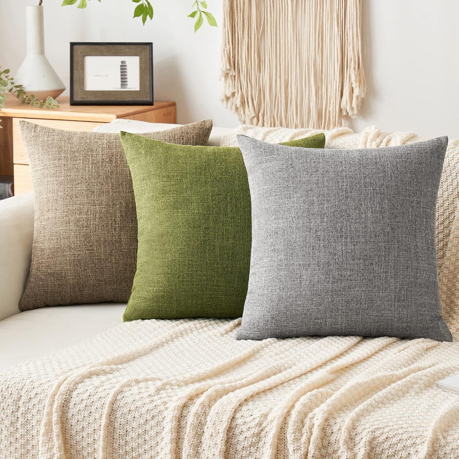 Set of 2 Decorative Linen Burlap Pillow Covers - Farmhouse Boho Accent Pillowcases for Sofa, Car, Couch, Bedroom, and Living Room Decor - 16x16 Inches, Brown