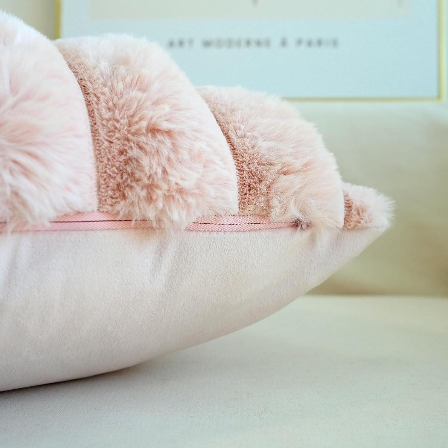 Pack of 2 Faux Fur Plush Decorative Throw Pillow Covers Couch Cushion Case Soft Fluffy Pillowcases Wide Stripe (Pink, 18 X 18 Inch)