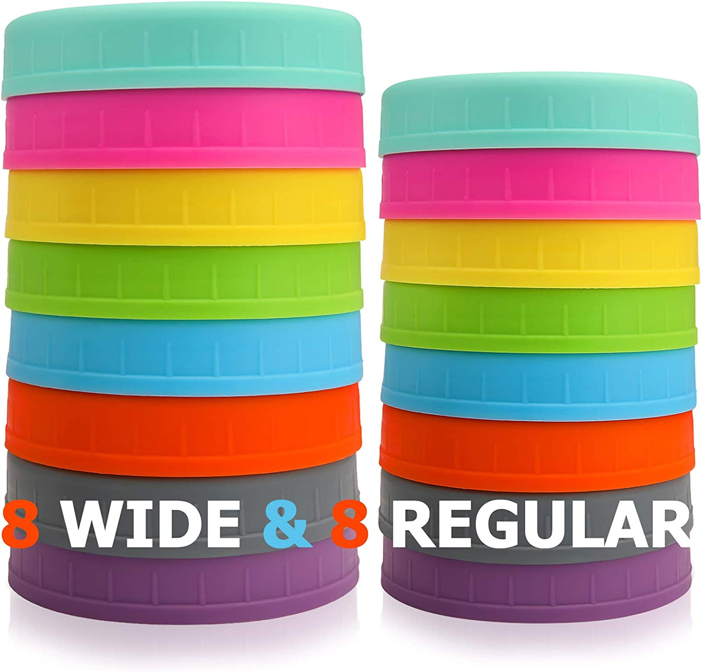 [16 Pack] Colored Plastic Mason Jar Lids Fits Ball, Kerr & More - 8 Wide Mouth & 8 Regular Mouth - Storage Caps for Canning Jars, Dishwasher Safe & Food Grade & Leakproof