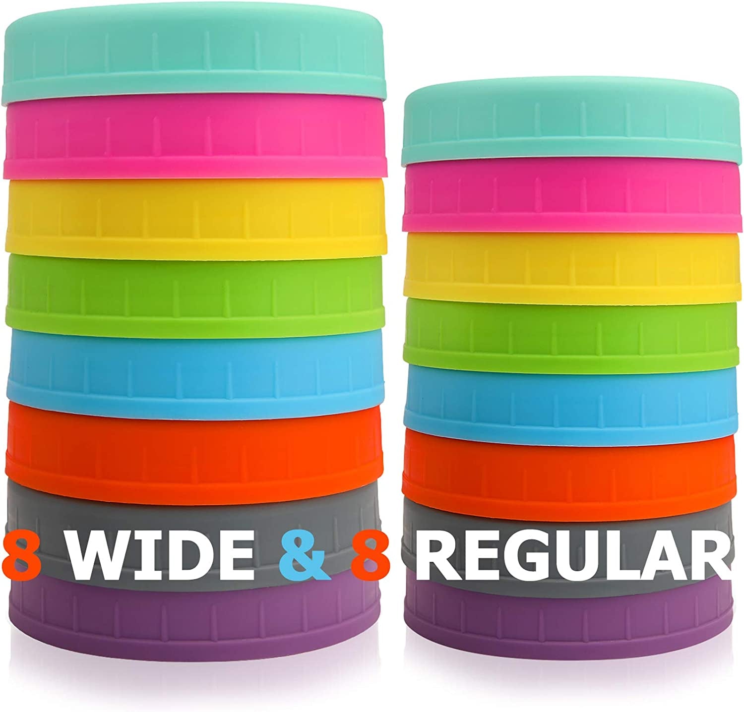 [16 Pack] Colored Plastic Mason Jar Lids Fits Ball, Kerr & More - 8 Wide Mouth & 8 Regular Mouth - Storage Caps for Canning Jars, Dishwasher Safe & Food Grade & Leakproof