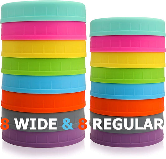 [16 Pack] Colored Plastic Mason Jar Lids Fits Ball, Kerr & More - 8 Wide Mouth & 8 Regular Mouth - Storage Caps for Canning Jars, Dishwasher Safe & Food Grade & Leakproof