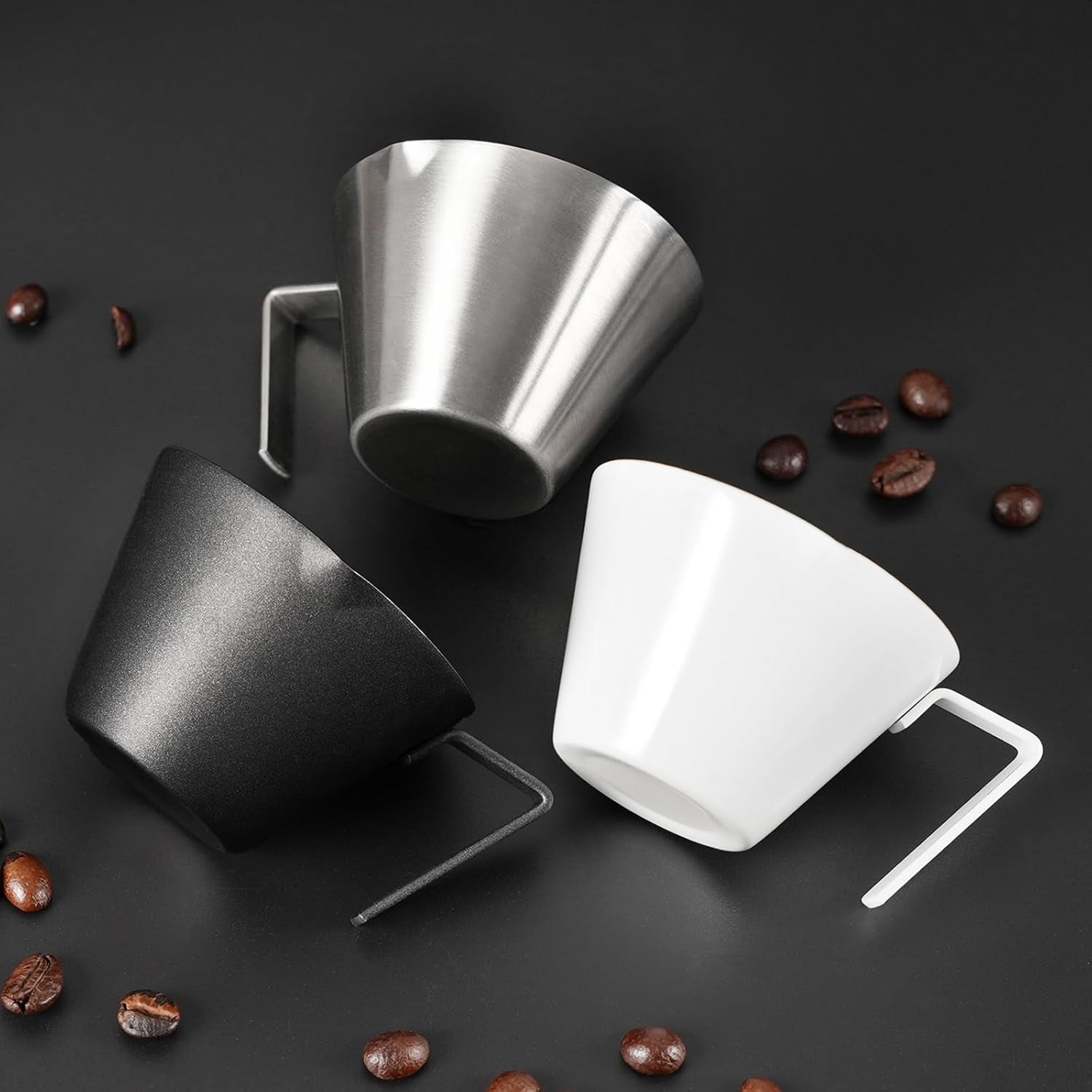 Espresso Cup with Handle, Stainless Steel Espresso Accessories, Double Spout Metal Measuring Cup with Dual Scale, Espresso Shot Pitcher with V-Shaped Mouth, 3.4OZ/100ML