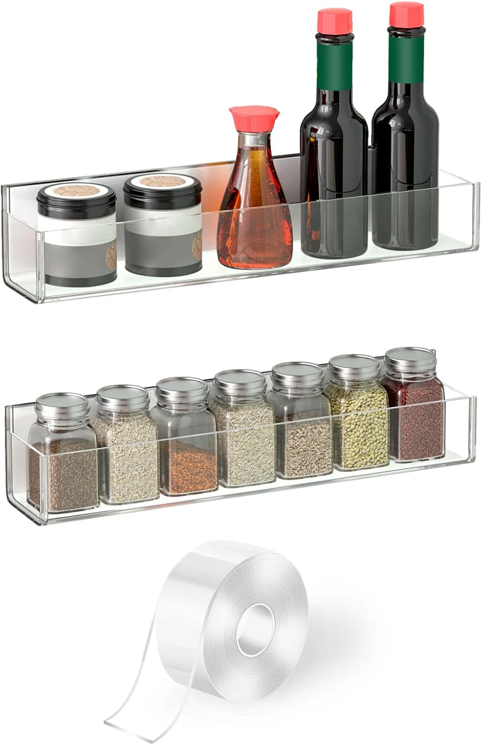 Adhesive Acrylic Spice Rack with Nano Double Sided Tape Wall Mount Organizer Clear Wall Spice Rack with Shelf Ends for Kitchen Cabinet Door - 2 Pack 12‘’ Shelves