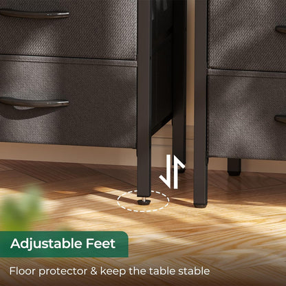 Rustic Brown and Black Nightstand with Integrated Charging Station, 27.6 Inch End Table Featuring USB Ports and Outlets, Fabric Drawers for Bedroom Use