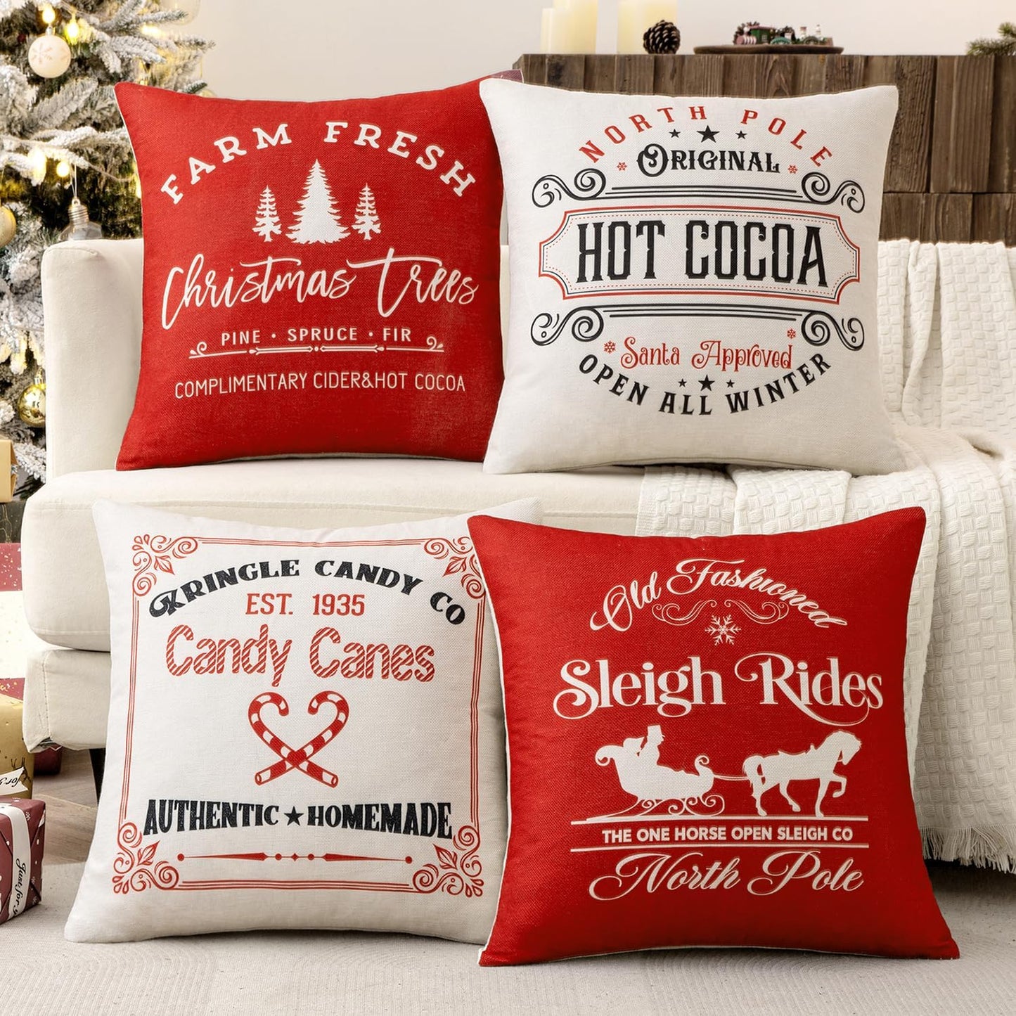 Set of 4 Holiday Red Decorative Pillow Covers 16X16 Inch Candy Canes Sleigh Christmas Tree Throw Pillow Cases Winter Seasonal Cushion Cases Home Decors for Sofa Couch Bedroom