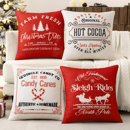 Set of 4 Holiday Red Decorative Pillow Covers 16X16 Inch Candy Canes Sleigh Christmas Tree Throw Pillow Cases Winter Seasonal Cushion Cases Home Decors for Sofa Couch Bedroom