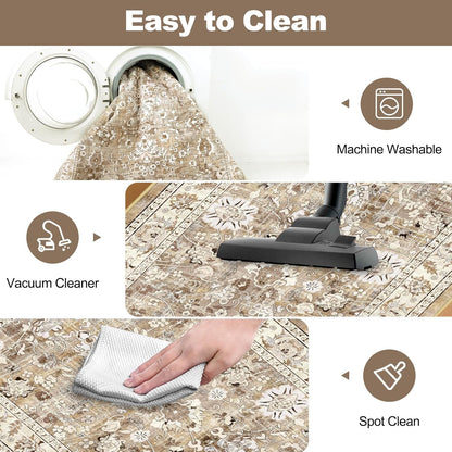 Washable Non-Slip Vintage Hallway Runner Rug, 2x8 ft, Boho Floral Soft Faux Wool Carpet with Rubber Backing for Laundry, Entryway, and Bedroom (Beige Brown)