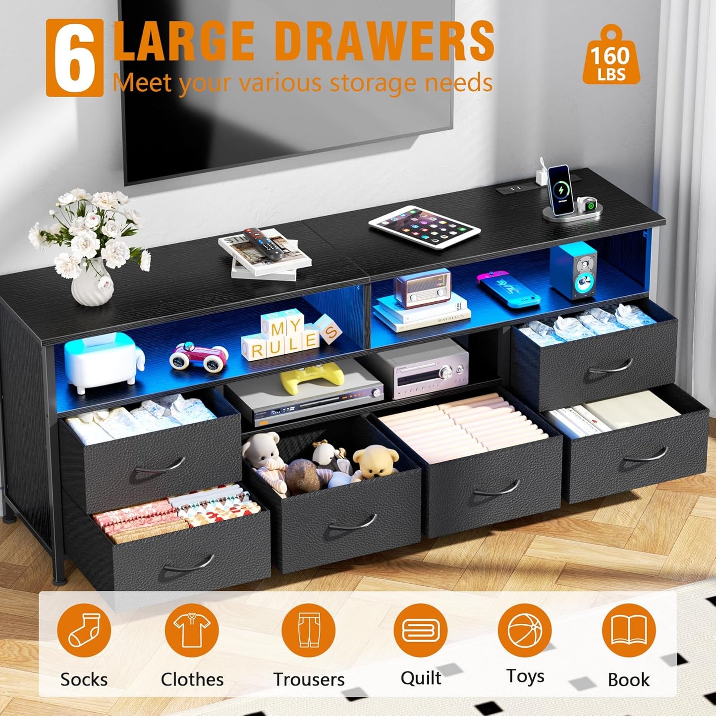 55" LED TV Stand for Bedroom with Power Outlets, Entertainment Center with 6 Fabric Drawers for 50/55/60 Inch Tvs, Dresser TV Stand Long Console Media Table for Living Room, PU Black