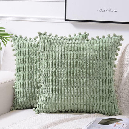 2 Packs Sage Green Decorative Throw Pillow Covers 18X18 Inch with Pom-Poms for Couch Bed Living Room, Farmhouse Boho Home Decor, Soft Corduroy Cute Square Cushion Case 45X45 Cm