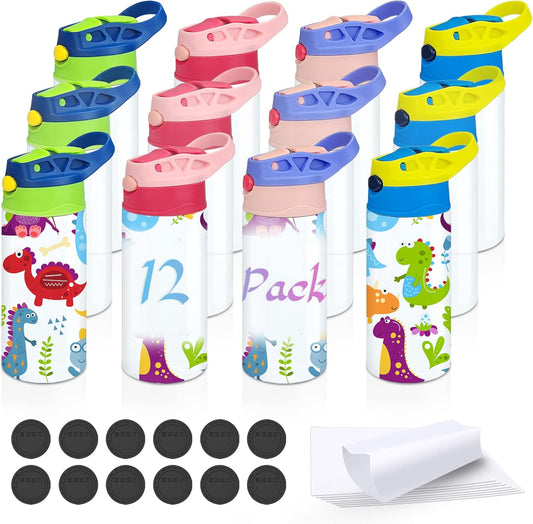 Kids Sublimation Tumbler,12 PACK 12Oz Stainless Steel Sublimation Sippy Cup,Double Wall Insulated Kids Tumbler with Handle,Spill Proof Lid,Shrink Films,Silicone Bottoms,For Water,Drinks