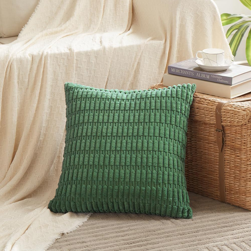 4 Packs Green Decorative Throw Pillow Covers 18X18 Inch for Living Room Couch Bed, Holiday Christmas Home Decor Gift, Soft Plush Corduroy Cute Accent Square Cushion Case 45X45 Cm