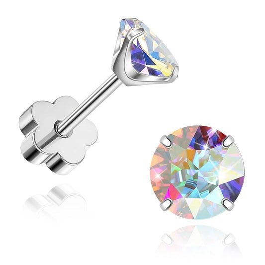 Flat Back Earrings 4Mm Stud Earrings for Women, Cubic Zirconia Stud Earrings Hypoallergenic Spiral Ear Cartilage Earlobe Silver Earrings (4Mm)