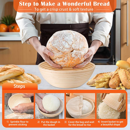 Complete Sourdough Starter Kit, Sourdough Bread Baking Supplies Set, 9'' round Bread Proofing Basket with Other Dough Making Tools, Ideal for Bread Making Baking Fermentation
