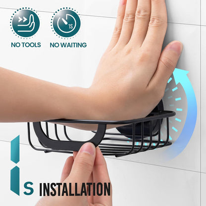 Soap Bar Holder Dish with Hooks, Shower Soap Tray Saver Suction Cup with Razor Holder for Wall, Rustproof Stainless Steel Bath Shampoo Caddy for Bathroom Accessories Organizer,Sink,Black