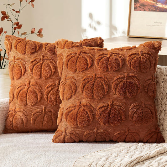 Fall Throw Pillow Covers 18X18 Set of 2 Autumn Decorations Dark Rust Pumpkin Accent Pillowcase for Outdoor Porch Sofa Couch Bed Living Room Plush Faux Fur Halloween Farmhouse Home Decor