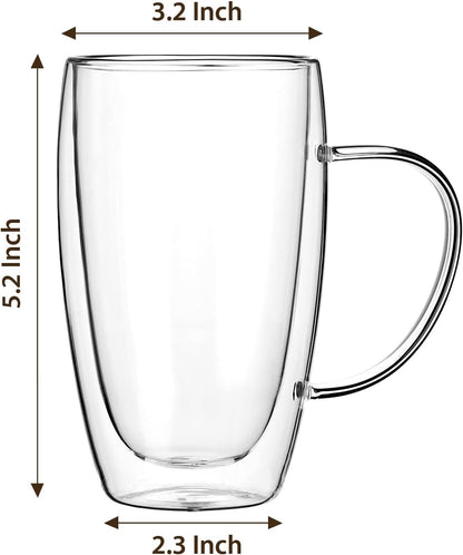 2-Pack 15 Oz Double Walled Glass Coffee Mugs with Handle,Large Insulated Layer Coffee Cups,Clear Borosilicate Mugs,Perfect for Cappuccino,Tea,Latte,Espresso,Hot Beverage,Wine,Microwave Safe