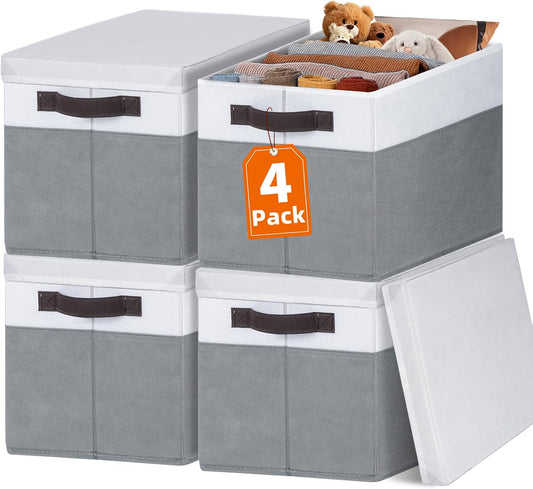 Large Storage Baskets Bins with Lids 4 Pack, Storage Baskets for Organizing Shelves Nursery Bedroom, Home Closet Organizers Cubes for Clothes Toys Blanket - Stackable & Sturdy -14X10X9.5