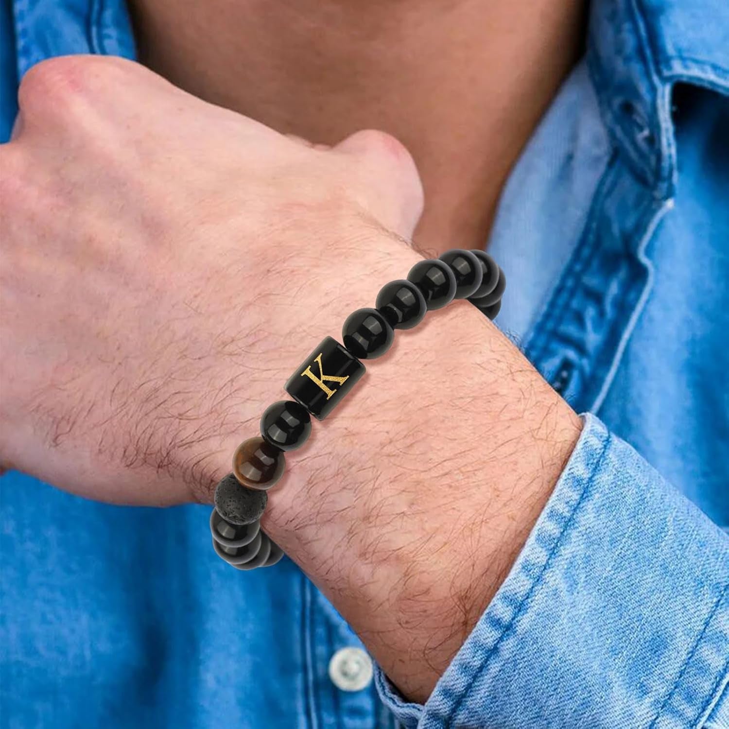 Christmas Gifts Initials Bracelets for Men Letter Link Handmade Natural Black Onyx Tiger Eye Stone Beads Braided Bracelet, Adjustable Charm Bracelet Jewelry Gifts for Him