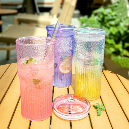 20Oz Glass Cups with Lids and Straws, 2 Pack High Borosilicate Iced Coffee Cups Drinking Glasses Tumbler for Smoothie, Water, Tea, Juice Drinks, Violet Purple