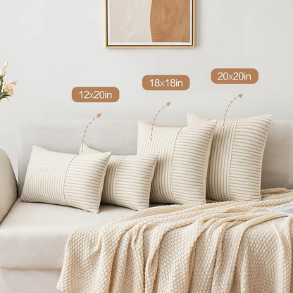 Khaki and Beige Patchwork Farmhouse Pillow Covers 18X18 Inch, Pack of 2 Striped Linen Decorative Modern Accent Pillow Cases for Sofa Couch Bedroom