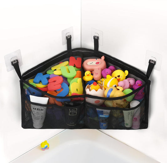 Bath Toy Organizer, Triangle Corner Bath Toy Storage, Quick Access Bath Toy Holder for Bathtub, Large Capacity Bath Storage for Toys, Quick Dry Mesh Toy Holder for Bath Hanging (Black)