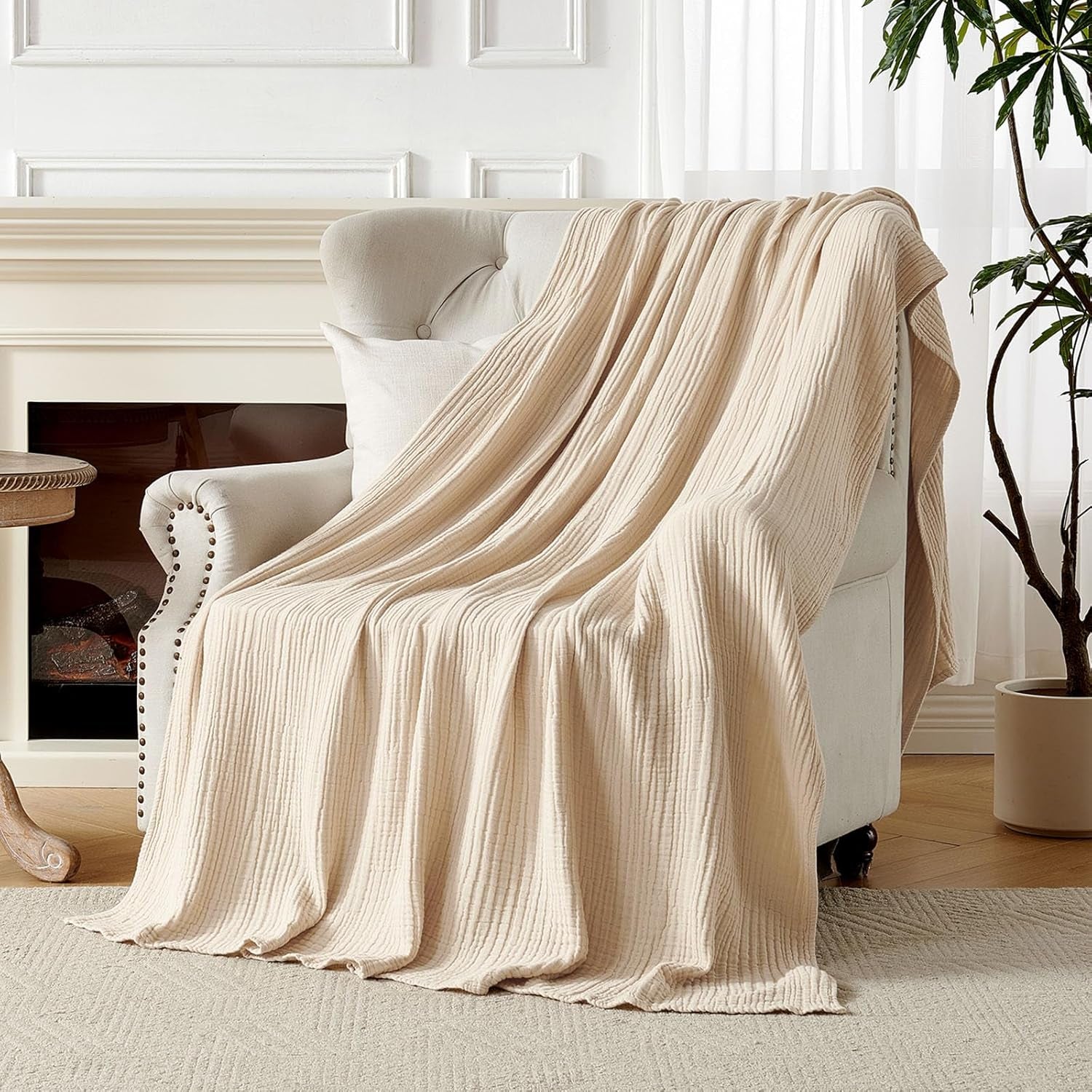 100% Cotton Muslin Throw Blanket for Couch Bed and Sofa, 4-Layer Lightweight and Breathable Soft Gauze Blanket for All Season, Luxury Throws Cotton Blanket Gift(Light Tan, 50"X70")