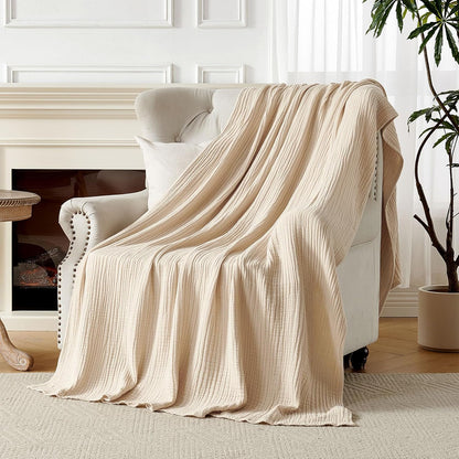 100% Cotton Muslin Throw Blanket for Couch Bed and Sofa, 4-Layer Lightweight and Breathable Soft Gauze Blanket for All Season, Luxury Throws Cotton Blanket Gift(Light Tan, 50"X70")
