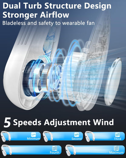 Neck Fans That Blow Cold Air Rechargeable,Neck Fan Air Conditioner Personal Cooling Device,Portable Battery Powered Silent Headphones round Leafless Necklace AC Fan for Women Men Adults Kids White