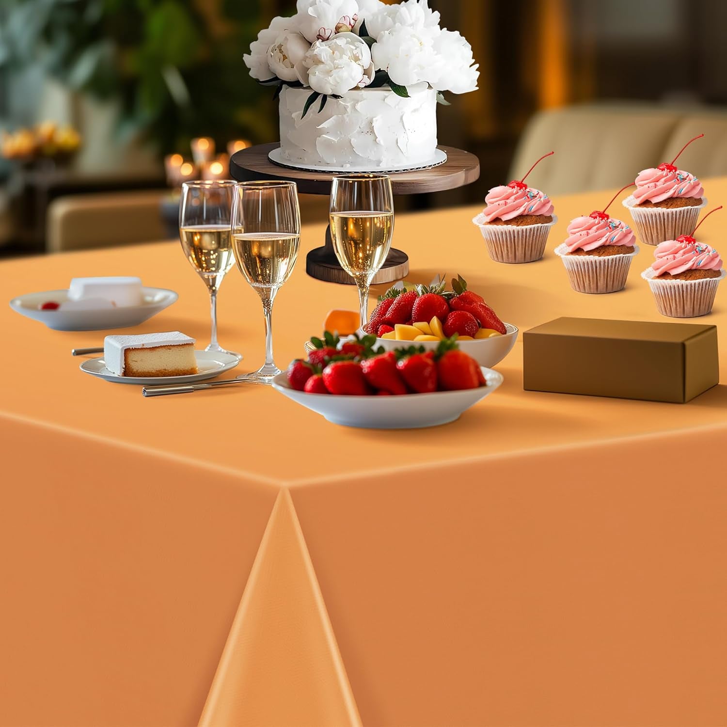 Set of 4 Orange Rectangular Tablecloths, 54x72 Inches, Waterproof and Spillproof Disposable Plastic Covers for Dining, Buffets, Picnics, and Outdoor Events