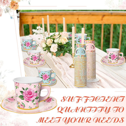 60 Sets of Floral Disposable Tea Party Decorations - Paper Tea Cups with Handles and Plates for Hot and Cold Beverages, Ideal for Birthdays (Pink and Blue, 6.5 Oz)