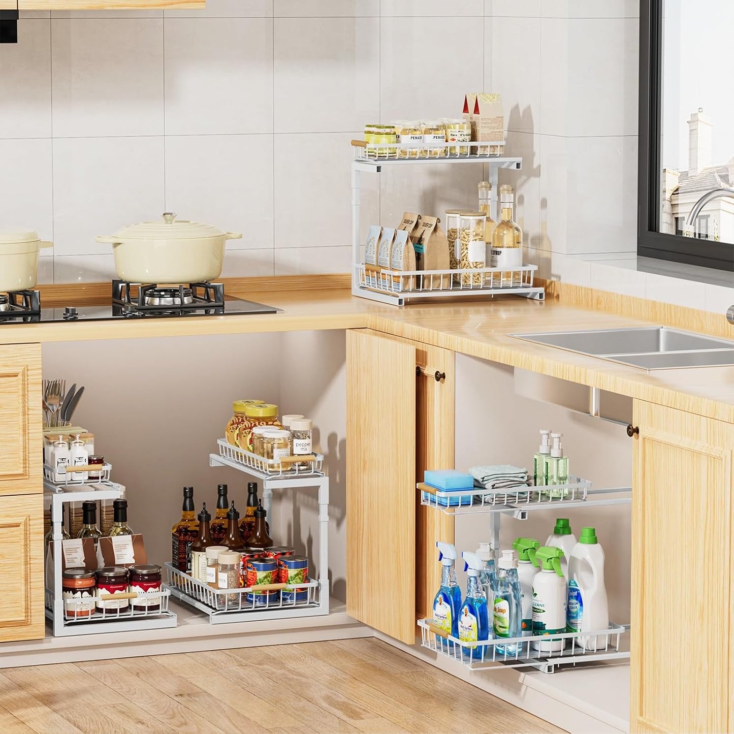 2 Pack under Sink Organizer and Storage, 2 Tier Pull Out Cabinet Organizer, Slide Out under Sink Storage Shelf, Undersink Organizers Shelves for Kitchen Bathroom Pantry Organization