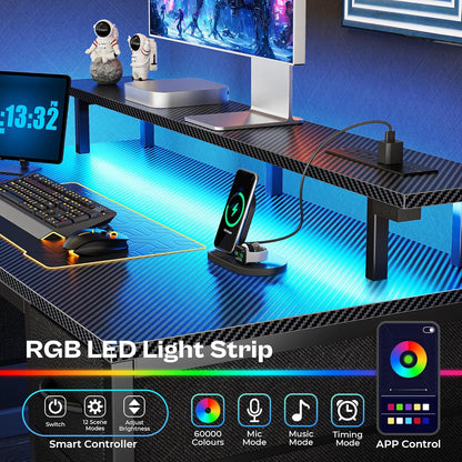 47-Inch Carbon Fibre Black Computer Desk with 4 Drawers, LED Lighting, and Power Outlets - Ideal for Home Office and Gaming with Ample Storage Space