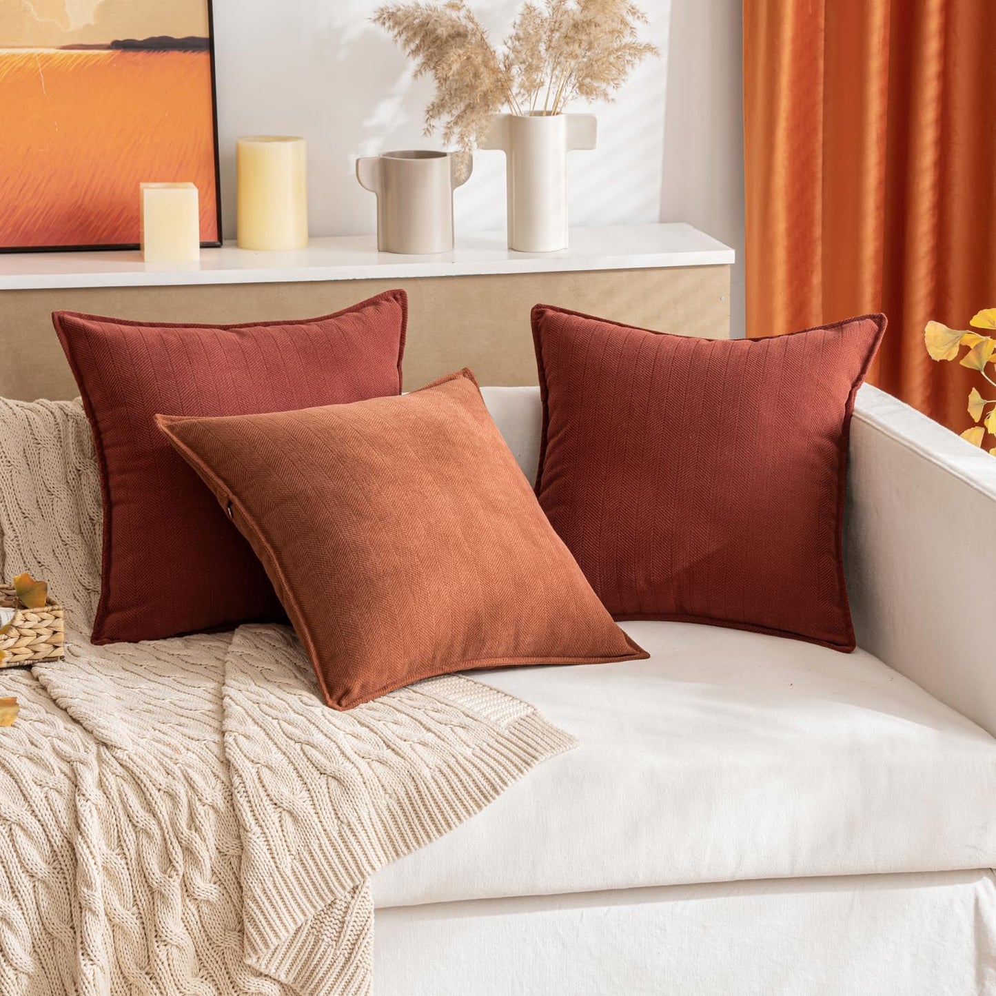 Set of 2 Burnt Orange Chenille Decorative Pillow Covers, 20x20 Inch - Luxurious Farmhouse Cushion Covers for Sofa, Bedroom, and Living Room Home Decor