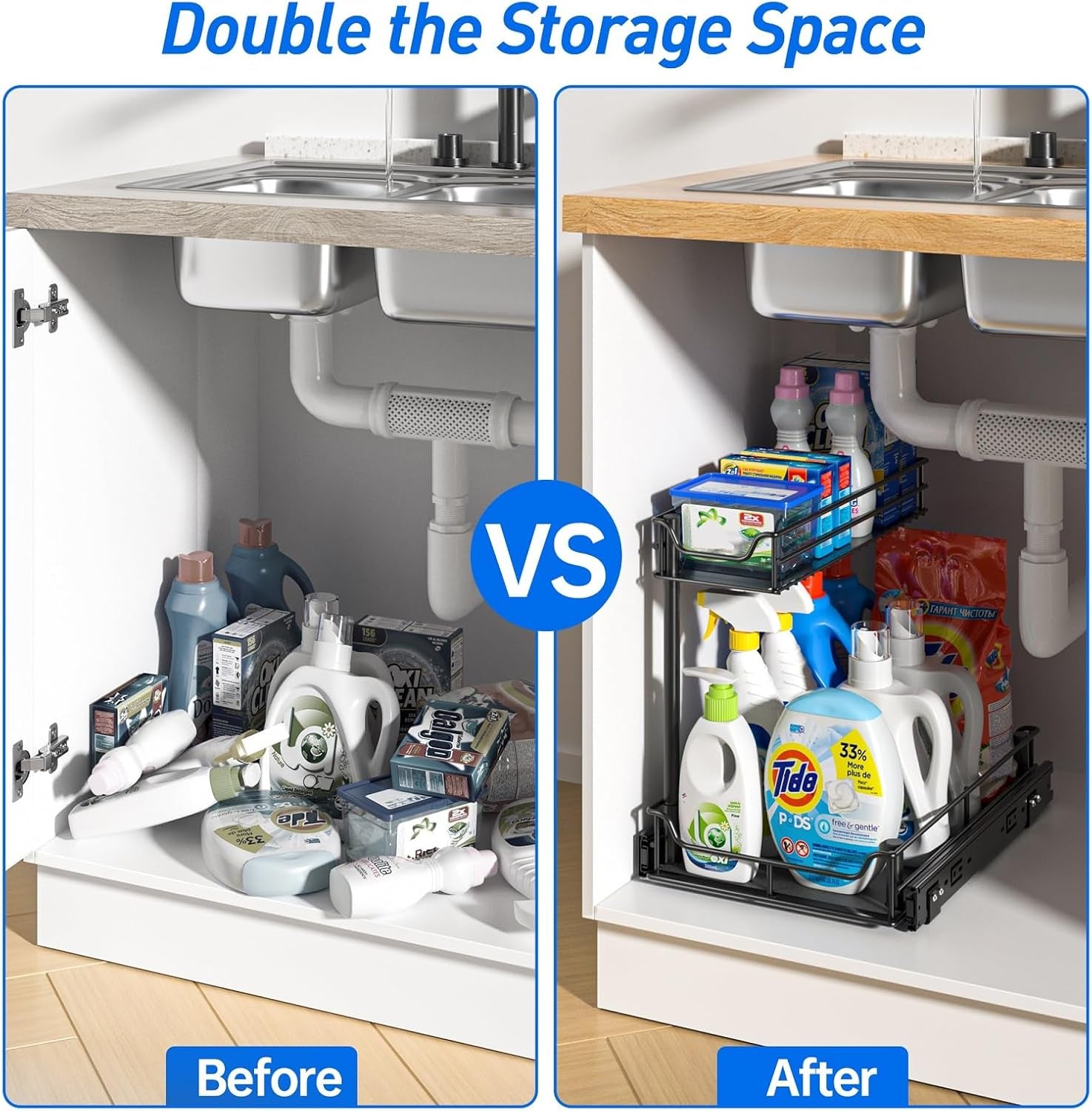under Sink Organizer, Pull Out Cabinet Organizer with Upgraded Slides, Slide Out Sink Shelf Cabinet Storage Shelves, Storages for Kitchen Bathroom