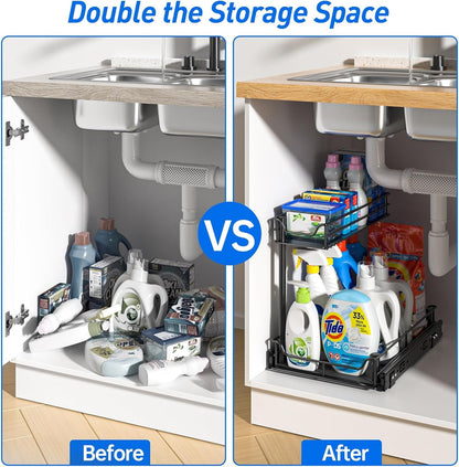 under Sink Organizer, Pull Out Cabinet Organizer with Upgraded Slides, Slide Out Sink Shelf Cabinet Storage Shelves, Storages for Kitchen Bathroom
