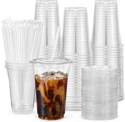 100 Sets - 12Oz Clear Plastic Cups with Lids and Straws, Disposable Cups for Iced Coffee, Smoothie, Milkshake, Cold Drinks