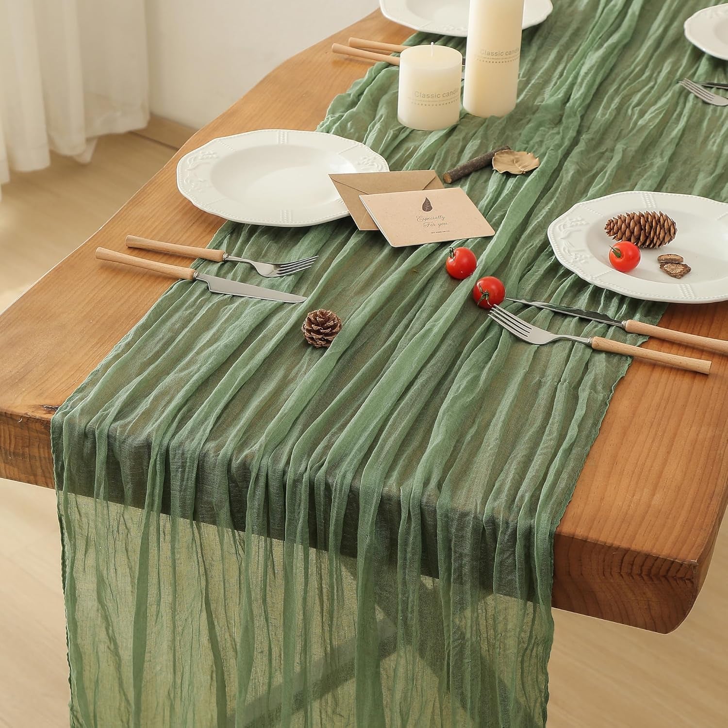 1 Pack Sage Green Cheesecloth Table Runner, 35X120 Inch Boho Rustic Cheese Cloth, Decorative Table Runners for Bridal Baby Shower Decorations or Wedding Table Decorations