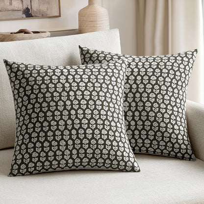 Set of 2 Vintage Floral Block Print Pillow Covers, 18x18 Inch Neutral Linen Farmhouse Cushion Cases for Couch, Sofa, Bed, and Chair in Black