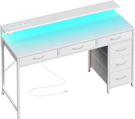 Professional Gaming Desk with 6 Drawers, LED Lighting, Power Outlets, and Type-C Connectivity, 47-Inch Office Table with Storage and Monitor Stand for Home Office, Bedroom, and Study, White Finish