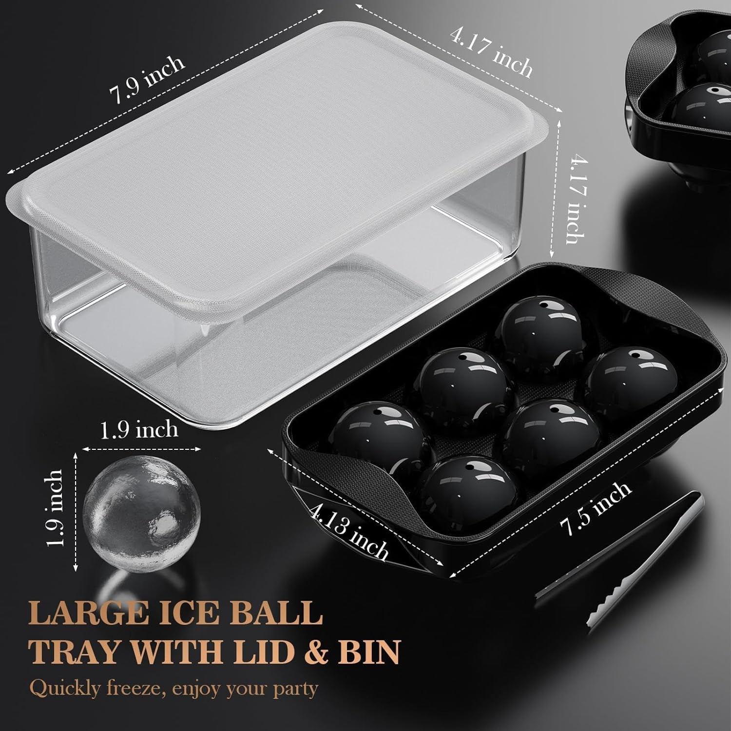 Whiskey Ice Ball Maker with Lid and Bin, 1.9" round Ice Cube Trays for Freezer, Large Sphere Whisky Ices Cubes Tray Circle with Bucket&Tong, Cocktail Bourbon Brandy Scotch(Black-6 Balls*2 Pack)