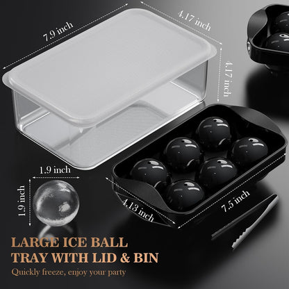 Whiskey Ice Ball Maker with Lid and Bin, 1.9" round Ice Cube Trays for Freezer, Large Sphere Whisky Ices Cubes Tray Circle with Bucket&Tong, Cocktail Bourbon Brandy Scotch(Black-6 Balls*2 Pack)