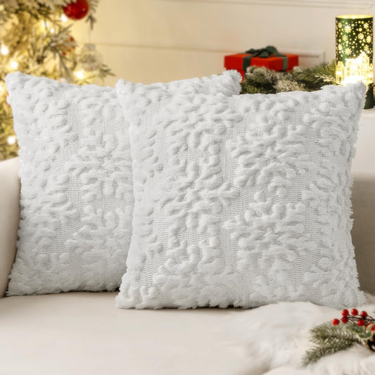 Christmas Pure White Throw Pillow Covers Snowflakes Decorative 18×18 Inch Faux Wool Winter Festival Couch Pillow Covers Set of 2 Farmhouse Holiday Home Decors for Sofa Livingroom Bed