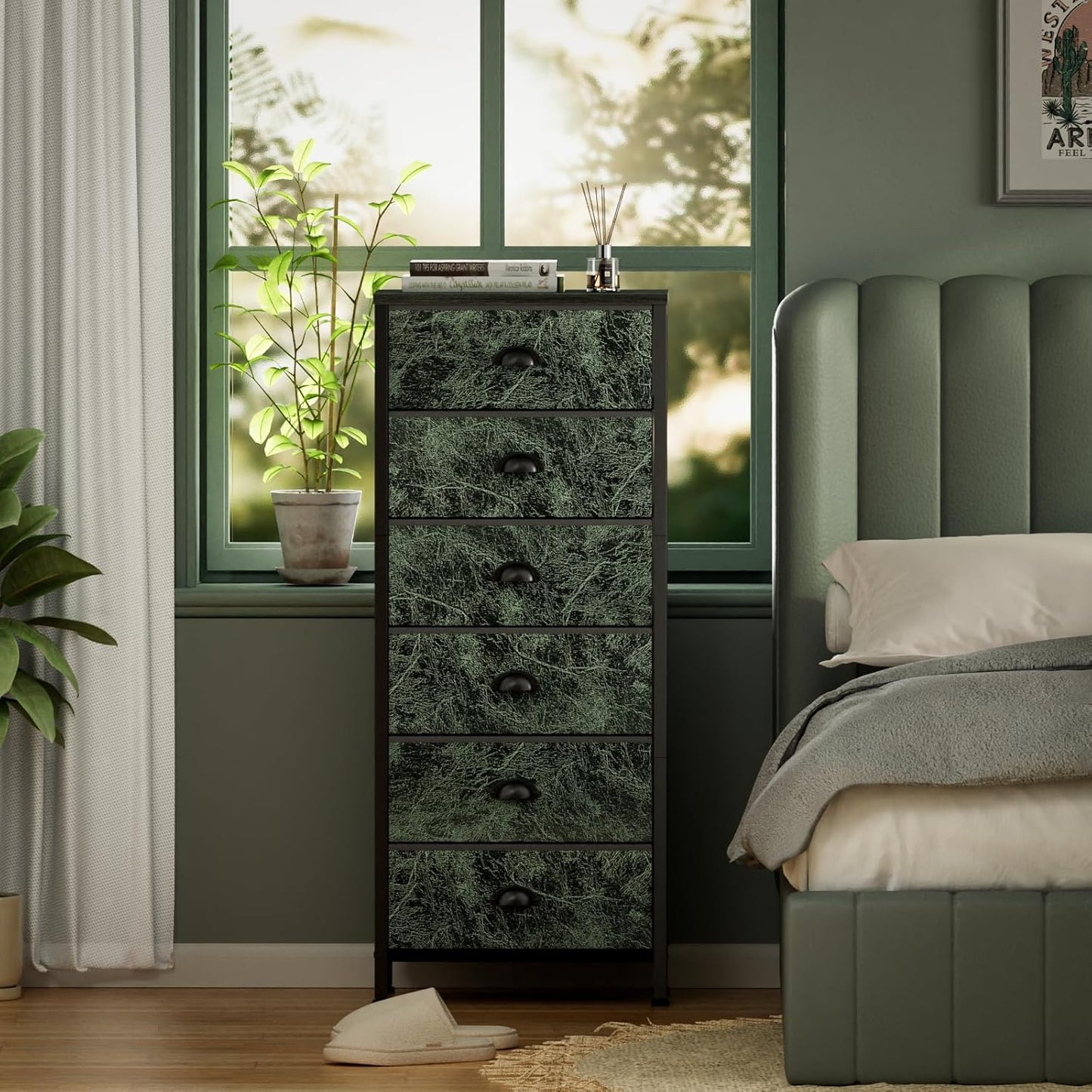 Vertical Dresser with 6 Drawers - Vintage Green Storage Tower Unit for Bedroom, Living Room, and Entryway