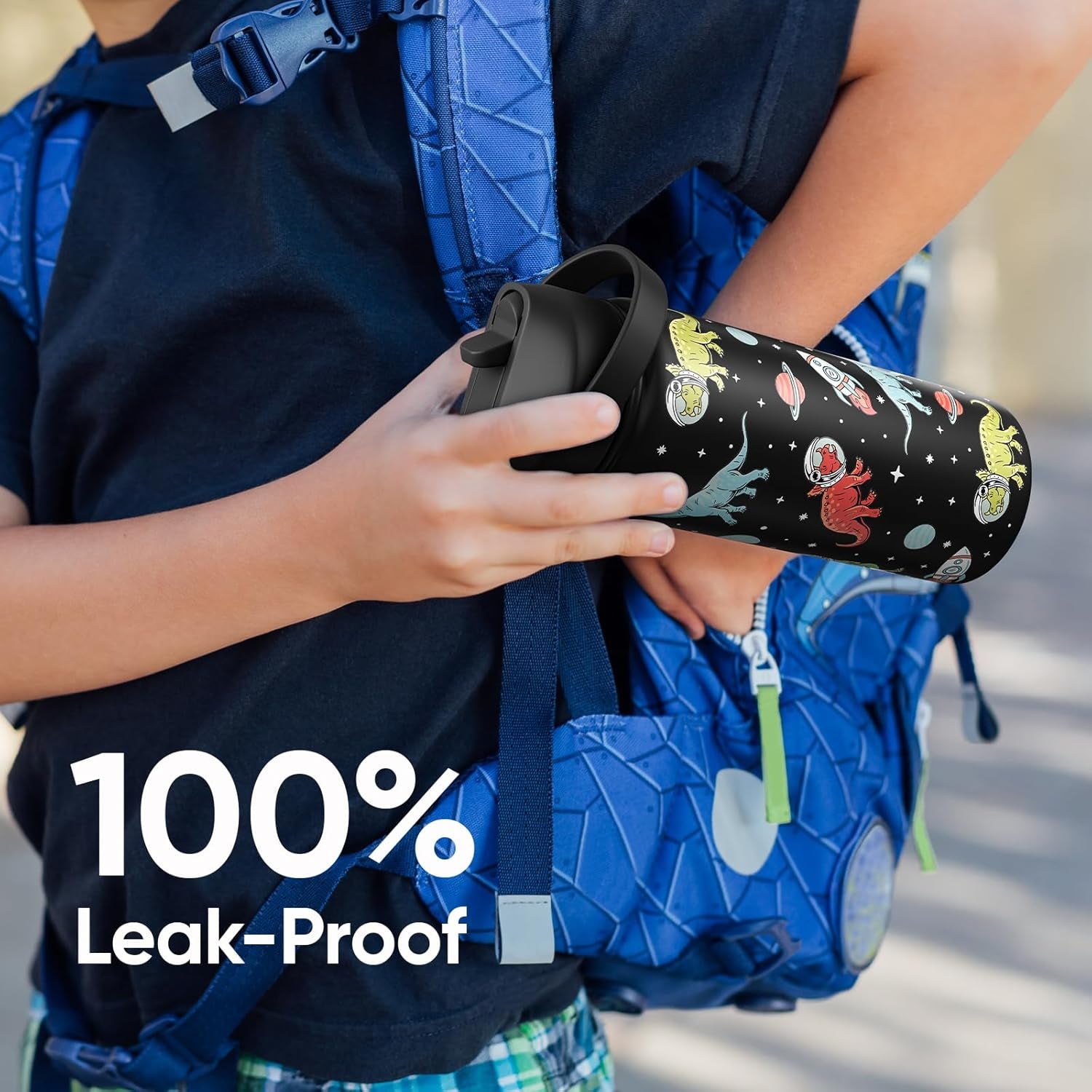 18 Oz Stainless Steel Insulated Water Bottle with Flip Straw and Handle, Leak-Proof Design, Cup Holder Compatible, Reusable for Travel, Gym, and School (Dinosaur)