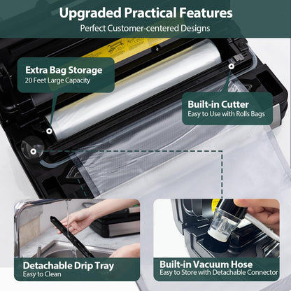 Vacuum Sealer Machine, Aqualock Series 2X Seal&130W Full Automatic Food Sealer, Powerful Food Preservation System with Handle, Built-In Cutter&Bags Storage&Hose, 2 Bags Rolls, Stainless Steel