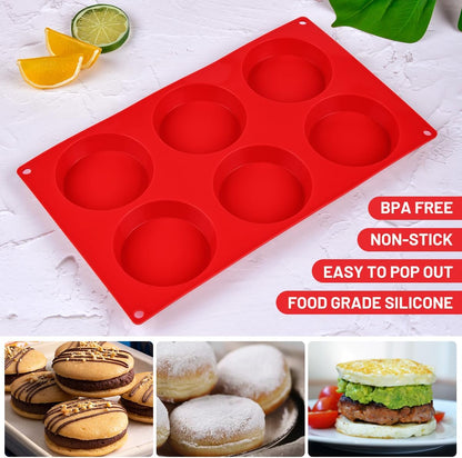 Muffin Top Pan, Silicone Molds for Breakfast Sandwiches, English Muffins, Whoopie Pies, Corn Bread, Egg Bites, Tarts - 2 Pack Red
